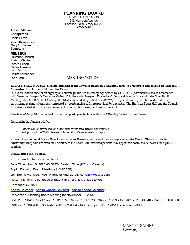 Planning Board Sunshine Notice