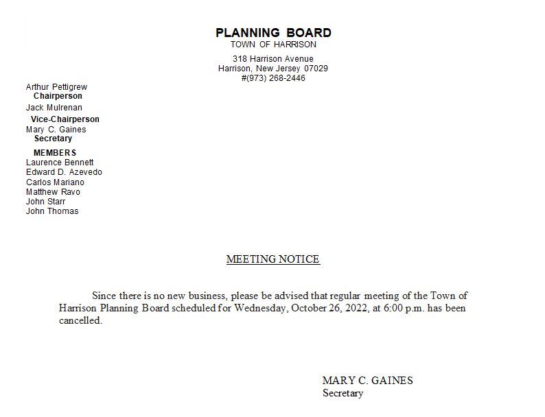 Planning Board Meeting Cancelled 10_26_2022