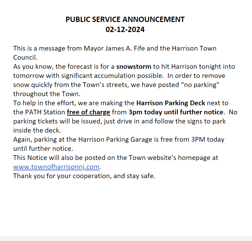 Public Service Annoucement - Parking for Snowstorm