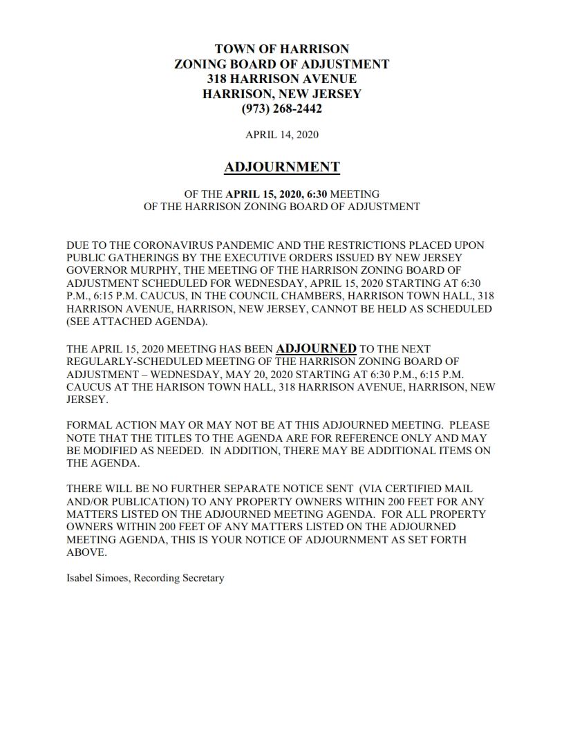 ADJOURNMENT ZONING BOARD OF ADJUSTMENT